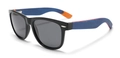 Classic oval black sunglasses with unique blue and orange stained wood temples - Shiny Black Frame Blue Skateboard Wood Temple Polarized Full Grey Lens