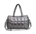 Silver quilted metallic puffer tote bag with dual handles and adjustable strap - Gray