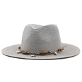 Detail of grey straw sun hat featuring bohemian wood beads and shell decorations - 56-58cm / Gray