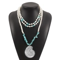 Bohemian multi-layer necklace with turquoise, pearls, and large silver conch shell pendant - Conch Pendant / Blue and Silver