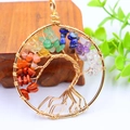 Close-up of golden wire-wrapped tree of life pendant with colorful natural stones - Gold Curved Root