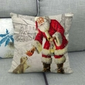 Housse de coussin de Noël avec Père Noël et chien sur un oreiller carré en lin doux - Père Noël & Chien Cadeau Illustration Vintage