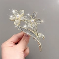 Elegant gold flower hair claw clip with white rhinestones and faux pearls for women - Full Rhinestone Double Flower
