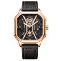 Men's square rose gold watch with black leather strap and orange contrast stitching - Gold Case Black Dial Leather Strap