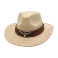Classic beige suede Western cowboy hat with vintage bull head buckle and metal studs - One Size / Beige (Bull Head Patchwork)