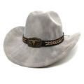 Detail of grey woven cowboy hat with brown band and bronze bull head buckle - Striped Grey