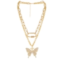 Gold double-layered necklace with butterfly rhinestone pendant and geometric chunky chain - Gold