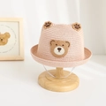 Pink straw hat for babies with cute bear embroidery and 3D ears on a wooden stand - Dusty Pink (Hat)