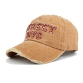 Detail of red STREET NYC 3D embroidery and distressed brim on khaki washed cotton baseball cap - Earthy Yellow