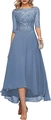 Elegant misty blue lace embroidery evening dress with high-low chiffon skirt and 3/4 sleeves - L (US 12) / Bottoms / Blue Gray