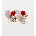Elegant gold earrings featuring red heart-shaped zircon and geometric gemstones, 1.7cm height - Multicolor Heart Geometric Style / Style 1