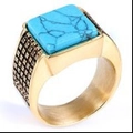 Men's golden stainless steel square turquoise ring with engraved grid pattern shoulders - 16303 Gold