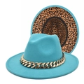Detail of blue wool jazz hat with gold chain decoration and leopard print lining - M (56-58cm) / Lake Blue