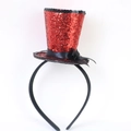 Detail view of red sequin mini top hat headband with black satin bow for parties - Red Bow