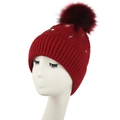 Burgundy winter knit beanie with faux fur pom and metallic lightning bolt studs - Wine Red