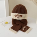 Close-up of Boston embroidery on ribbed knit children's winter hat and scarf set - Set - Coffee