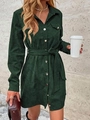 Elegant dark green corduroy shirt dress with long sleeves, button detail and waist belt - S / Dark Green