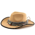 Detail of western cowboy felt hat showing colorful beads and turquoise stone decor - M(56-58cm) / Camel Hat with Black Whipstitch Edge