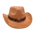 Brown faux suede western cowboy hat featuring a vintage bronze skull emblem on the band - Khaki