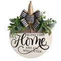 Targa rotonda per porta in legno con piante finte e scritta Bless This Home - Bless This Home Cartello di Benvenuto