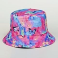 Close-up of pastel tie-dye bucket hat featuring blue butterfly prints and breathable texture - M (56-58cm) / Multi-color Tie-Dye Butterfly