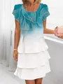 Detail of multi-layered ruffles on light blue gradient chiffon short sleeve dress - S / Top And Bottom / Sky Blue Print