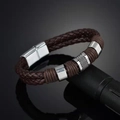 Detail of brown braided leather bracelet with silver metal rings and magnetic clasp - Dark Brown