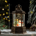 Antique bronze 25cm Christmas lantern with snowman and glowing snow globe effect - Small Hexagon Christmas Snowman