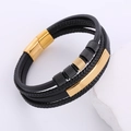 Bracciale multistrato in pelle intrecciata da uomo con chiusura magnetica dorata e perline - Nero e Oro