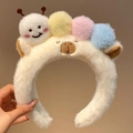 Cute plush alpaca headband with colorful pompoms in beige for women's hair styling - White Plush Ball
