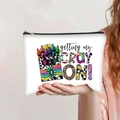 Detail of a white canvas pencil pouch showing the zipper and vibrant crayon print - Colorful Crayon Graffiti Style (jiayingpbb0263)