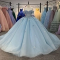 Sparkly sky blue off-shoulder ball gown with white 3D butterfly appliques and tulle skirt - XL