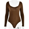 Brown long sleeve ribbed knit bodysuit with U-neck design on transparent mannequin - S / Coffee