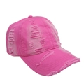 Detailed view of the distressed texture and ripped holes on a bright pink baseball cap - Adjustable / Rose Red