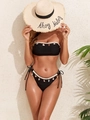 Sexy black bandeau bikini set with seashell charms and lace trim for beach vacations - S / Black