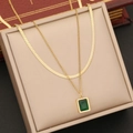 Double-layer gold stainless steel necklace with emerald green square stone pendant - Green Double Layered Necklace