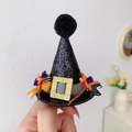 Mini Halloween wizard hat hair clip with black sequins and purple orange flower detail - Black Hairball Flower Wizard Hat