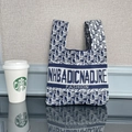 Navy blue and white knitted tote bag featuring a dense jacquard letter pattern and handles - Letter Navy Blue