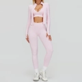 Ensemble de yoga rose sans couture avec veste, brassière et legging taille haute côtelé - S / Haut Et Bas / Rose Sakura