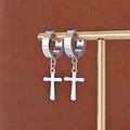 Macro detail of punk style stainless steel cross dangle hoop earrings on a display stand - Steel (A-2)