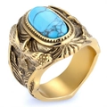 Vintage gold ring with oval turquoise stone and eagle feather engraved details - US 7 / Gold