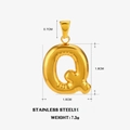 Polished gold stainless steel puffy letter Q pendant charm with dimensions and weight - Letter Q - Gold