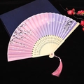 Pink and purple gradient folding fan with cherry blossoms, butterfly motifs, and tassel - Style 54