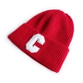 Bright red knitted beanie hat featuring a white textured letter C patch on the front - Red