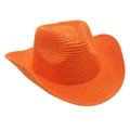 Detail of orange woven straw cowboy hat with wide brim and tight textured weaving pattern - Orange