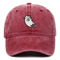 Close-up of white cartoon cat embroidery on washed vintage burgundy baseball cap - Burgundy