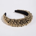 Elegant wide headband with gold metallic beads on black velvet base for women - Gold
