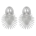 Exaggerated silver sunburst oval earrings with polished texture and radiant design - Oval Sunflower Style (White K1041)
