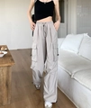 Pantalon cargo gris à taille haute avec plusieurs poches, style streetwear décontracté - Gris Argent