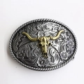 Hebilla de cinturón vaquero con calavera de toro dorada y relieves vintage - BK009 Cráneo de Toro Bicolor Ovalado Retro